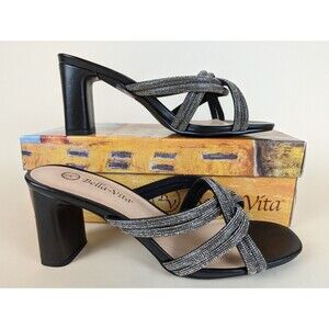 Bella Vita Carmen Dress Sandals Womens 9 WW Wide Black Suede Shimmer Shoes NWB